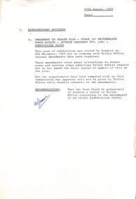 Administrative record - City of Sunshine - Commissioner Mr Alexander Alex George Gillon Collection 1976 - 1982 - Extraordinary Business Amendment to Seal Plan State 1A1 Westerngate North Estate, City of Sunshine, 10th August 1977