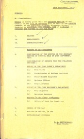 Administrative record - City of Sunshine - Commissioner Mr Alexander Alex George Gillon Collection 1976 - 1982 - Notice of ordinary meeting of the council of the City of Sunshine to be held on 5th October 1977, City of Sunshine, 28th September 1977