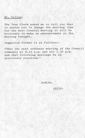 Administrative record - City of Sunshine - Commissioner Mr Alexander Alex George Gillon Collection 1976 - 1982 - Change of time ordinary meeting 19th October 1977, City of Sunshine, 19th October 1977