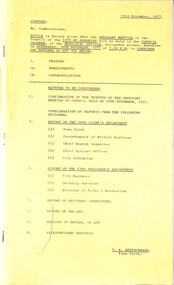 Administrative record - City of Sunshine - Commissioner Mr Alexander Alex George Gillon Collection 1976 - 1982 - Notice of ordinary meeting of the council of the City of Sunshine to be held on 30th November 1977, City of Sunshine, 23rd November 1977