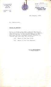 Administrative record - City of Sunshine - Commissioner Mr Alexander Alex George Gillon Collection 1976 - 1982 - Notice of Special meeting of the council 12th January 1978, The City of Sunshine Parks & Recreation Department, 6th January 1978
