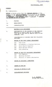 Administrative record - City of Sunshine - Commissioner Mr Alexander Alex George Gillon Collection 1976 - 1982 - Notice of ordinary meeting of the council 15th February 1978, The City of Sunshine Parks & Recreation Department, 7th February 1978
