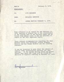 Administrative record - City of Sunshine - Commissioner Mr Alexander Alex George Gillon Collection 1976 - 1982 - Building Surveyor To City Engineer Memo 8th February 1978, The City of Sunshine Parks & Recreation Department, 8th February 1978