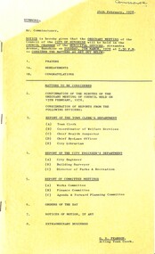 Administrative record - City of Sunshine - Commissioner Mr Alexander Alex George Gillon Collection 1976 - 1982 - Notice of ordinary meeting of the council 7th March 1978, City of Sunshine, 24th February 1978