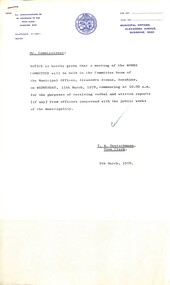 Administrative record - City of Sunshine - Commissioner Mr Alexander Alex George Gillon Collection 1976 - 1982 - Notice for Various Committees 15th March 1978, City of Sunshine, 9th March 1978