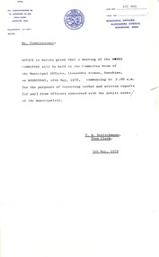 Administrative record - City of Sunshine - Commissioner Mr Alexander Alex George Gillon Collection 1976 - 1982 - Notice of committee meeting 10th May 1978, City of Sunshine, 5th May 1978