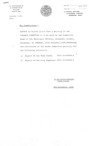 Administrative record - City of Sunshine - Commissioner Mr Alexander Alex George Gillon Collection 1976 - 1982 - Notice of finance meeting of the council 14th November 1978, City of Sunshine, 8th November 1978