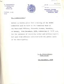 Administrative record - City of Sunshine - Commissioner Mr Alexander Alex George Gillon Collection 1976 - 1982 - Notice of committee meetings 11th Dec 1978, City of Sunshine, 6th December 1978