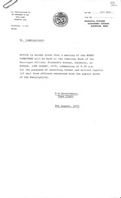 Administrative record - City of Sunshine - Commissioner Mr Alexander Alex George Gillon Collection 1976 - 1982 - Notice of committee meetings of the council 13th August 1979, City of Sunshine, 8th August 1979