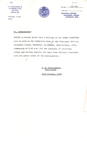 Administrative record - City of Sunshine - Commissioner Mr Alexander Alex George Gillon Collection 1976 - 1982 - Notice of committee meetings of the council 29th October 1979, City of Sunshine, 24th October 1979