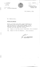 Administrative record - City of Sunshine - Commissioner Mr Alexander Alex George Gillon Collection 1976 - 1982 - Notice of special meeting of the council 22nd January 1979, City of Sunshine, 11th January 1979