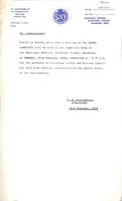 Administrative record - City of Sunshine - Commissioner Mr Alexander Alex George Gillon Collection 1976 - 1982 - Notice of finance committee meeting 27th February 1979, City of Sunshine, 14th February 1979