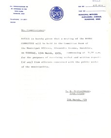 Administrative record - City of Sunshine - Commissioner Mr Alexander Alex George Gillon Collection 1976 - 1982 - Notice of works committee meetings of the council 13th March 1979, City of Sunshine, 7th March 1979