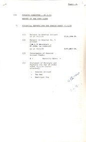 Administrative record - City of Sunshine - Commissioner Mr Alexander Alex George Gillon Collection 1976 - 1982 - Finance committee report 12th March 1979, City of Sunshine, 26th March 1979