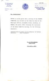 Administrative record - City of Sunshine - Commissioner Mr Alexander Alex George Gillon Collection 1976 - 1982 - Notice of finance committee 9th April 1979, City of Sunshine, 4th April 1979