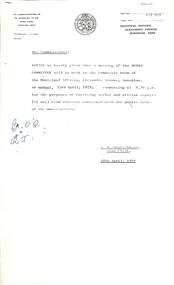 Administrative record - City of Sunshine - Commissioner Mr Alexander Alex George Gillon Collection 1976 - 1982 - Notice of committee meetings 23rd April 1979, City of Sunshine, 18th April 1979