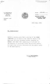 Administrative record - City of Sunshine - Commissioner Mr Alexander Alex George Gillon Collection 1976 - 1982 - Notice of committee meetings 2nd July 1979, City of Sunshine, 27th June 1979