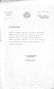 Administrative record - City of Sunshine - Commissioner Mr Alexander Alex George Gillon Collection 1976 - 1982 - Notice of Finance committee meeting 11th June 1979, City of Sunshine, 6th June 1979