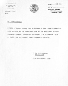 Administrative record - City of Sunshine - Commissioner Mr Alexander Alex George Gillon Collection 1976 - 1982 - Notice of committee meetings 17th September 1979, City of Sunshine, 14th September 1979