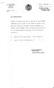 Administrative record - City of Sunshine - Commissioner Mr Alexander Alex George Gillon Collection 1976 - 1982 - Notice of finance committee meeting 15th October 1979, City of Sunshine, 10th October 1979