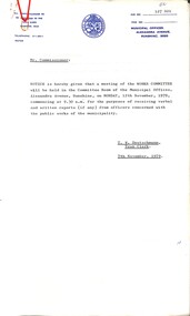 Administrative record - City of Sunshine - Commissioner Mr Alexander Alex George Gillon Collection 1976 - 1982 - Notice of committee meetings 12th November 1979, City of Sunshine, 7th November 1979