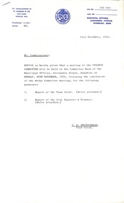 Administrative record - City of Sunshine - Commissioner Mr Alexander Alex George Gillon Collection 1976 - 1982 - Notice of committee meetings 26th November 1979, City of Sunshine, 21st November 1979