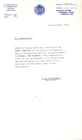 Administrative record - City of Sunshine - Commissioner Mr Alexander Alex George Gillon Collection 1976 - 1982 - Notice of committee meetings 26th November 1979, City of Sunshine, 21st November 1979