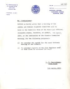 Administrative record - City of Sunshine - Commissioner Mr Alexander Alex George Gillon Collection 1976 - 1982 - Notice of committee meetings 9th April 1979, City of Sunshine, 4th April 1979