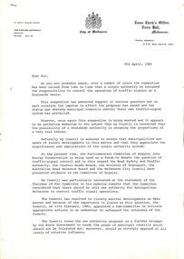 Letter - City of Sunshine - Commissioner Mr Alexander Alex George Gillon Collection 1976 - 1982 - Single Authority For Traffic Lights 9th April 1980, City of Melbourne, 9th April 1979