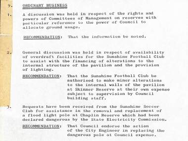 Administrative record - City of Sunshine - Commissioner Mr Alexander Alex George Gillon Collection 1976 - 1982 - Ordinary Business Extract No Date 1980, City of Sunshine, 1980