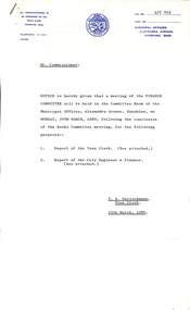 Administrative record - City of Sunshine - Commissioner Mr Alexander Alex George Gillon Collection 1976 - 1982 - Notice of finance committee meeting 24th March 1980, City of Sunshine, 19th March 1980