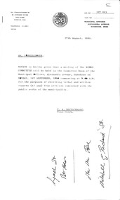 Administrative record - City of Sunshine - Commissioner Mr Alexander Alex George Gillon Collection 1976 - 1982 - Notice of committee meetings 1st September 1980, City of Sunshine, 27th August 1980
