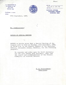 Administrative record - City of Sunshine - Commissioner Mr Alexander Alex George Gillon Collection 1976 - 1982 - Notice of special meeting 23rd September 1980, City of Sunshine, 18th September 1980