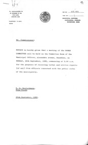 Administrative record - City of Sunshine - Commissioner Mr Alexander Alex George Gillon Collection 1976 - 1982 - Notice of committee meetings 29th September 1980, City of Sunshine, 24th September 1980