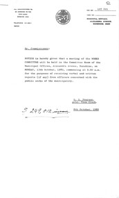Administrative record - City of Sunshine - Commissioner Mr Alexander Alex George Gillon Collection 1976 - 1982 - Notice of committee meetings 13th October 1980, City of Sunshine, 8th October 1980