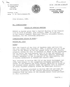 Administrative record - City of Sunshine - Commissioner Mr Alexander Alex George Gillon Collection 1976 - 1982 - Notice of special meeting 31st October 1980, City of Sunshine, 27th October 1980