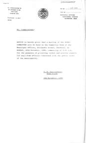 Administrative record - City of Sunshine - Commissioner Mr Alexander Alex George Gillon Collection 1976 - 1982 - Notice of committee meetings 10th November 1980, City of Sunshine, 5th November 1980