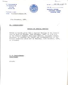 Administrative record - City of Sunshine - Commissioner Mr Alexander Alex George Gillon Collection 1976 - 1982 - Notice of special meeting 18th November 1980, City of Sunshine, 14th November 1980