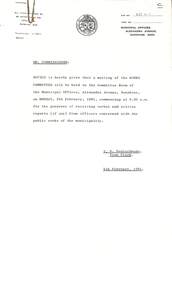Administrative record - City of Sunshine - Commissioner Mr Alexander Alex George Gillon Collection 1976 - 1982 - Notice of committee meetings 9th February 1981, City of Sunshine, 4th February 1981