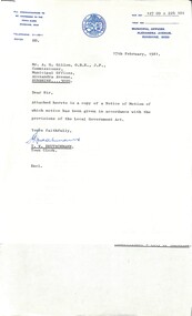 Administrative record - City of Sunshine - Commissioner Mr Alexander Alex George Gillon Collection 1976 - 1982 - Notice of Motion 17th February 1981, City of Sunshine, 17th February 1981