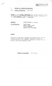 Administrative record - City of Sunshine - Commissioner Mr Alexander Alex George Gillon Collection 1976 - 1982 - Report of committee meetings 24th February 1981, City of Sunshine, 24th February 1981