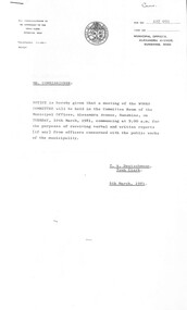 Administrative record - City of Sunshine - Commissioner Mr Alexander Alex George Gillon Collection 1976 - 1982 - Notice of committee meetings 10th March 1981, City of Sunshine, 4th March 1981