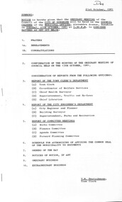 Administrative record - City of Sunshine - Commissioner Mr Alexander Alex George Gillon Collection 1976 - 1982 - Notice of ordinary meeting of the council 27th October 2026, City of Sunshine, 21st October 1981