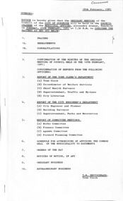 Administrative record - City of Sunshine - Commissioner Mr Alexander Alex George Gillon Collection 1976 - 1982 - Notice of ordinary meeting of the council 24th February 2026, City of Sunshine, 18th February 1981