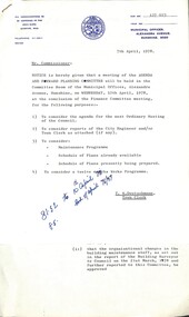 Administrative record - City of Sunshine - Commissioner Mr Alexander Alex George Gillon Collection 1976 - 1982 - Notice of committee meetings 12th April 1978, City of Sunshine, 7th April 1981