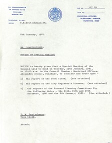 Administrative record - City of Sunshine - Commissioner Mr Alexander Alex George Gillon Collection 1976 - 1982 - Notice of special meeting 13th January 1981, City of Sunshine, 8th January 1981