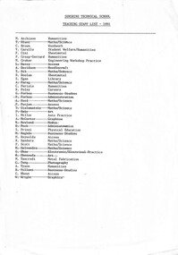 Document - Sunshine Technical School Teaching Staff List 1991, Sunshine Technical School, 1991
