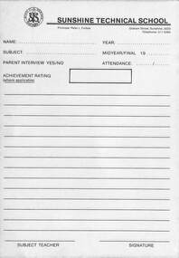 Document - Sunshine Technical School - Student Assessment Form, Sunshine Technical School