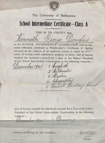 Certificate - Kenneth George Douglas School Intermediate Certificate Class A, December 1941
