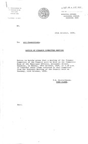 Administrative record - City of Sunshine - Commissioner Mr Alexander Alex George Gillon Collection 1976 - 1982 - Notice Of Finance Committee Meeting 18th October 1976, City of Sunshine, 14th October 1976
